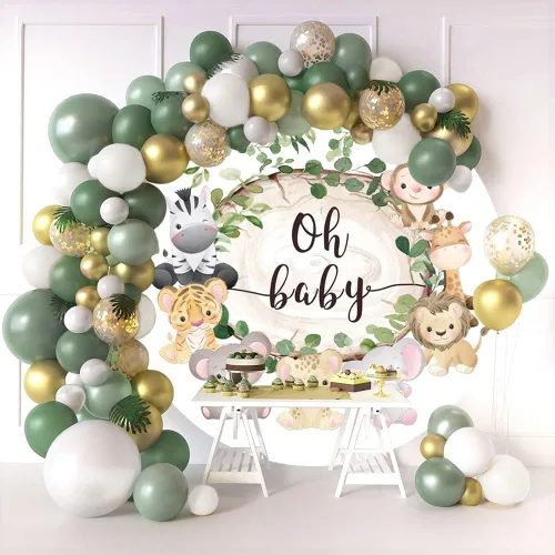 Miniatura 3 de Telón de fondo redondo de animales de la selva Oh Baby de 3 x 3 pies, diseño de jirafa, elefante, mono, fotografía, telón de fondo, para recién