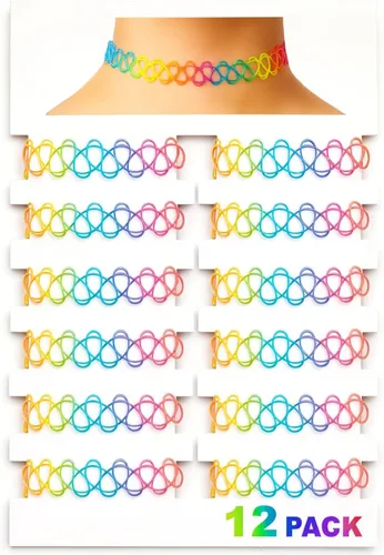 Miniatura 40 de BodyJ4You Juego de 12 gargantillas elásticas estilo tatuaje, accesorios y joyería de los años 90 y 2000, rosado, azul, verde, colorido, arcoíris
