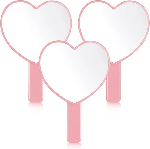 Yalikop 3 piezas de espejo de corazón de mano, lindos espejos de plástico para maquillaje de viaje, con asa, regalos rosados para mujeres, regalos