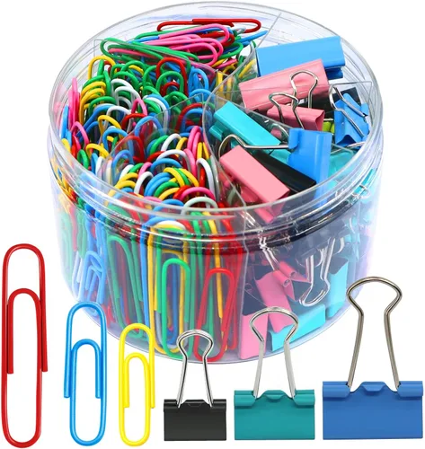 Clips de papel y clips de carpeta, 340 piezas de clips de papel y clips de carpeta de tamaños surtidos, clips de papel de colores grandes, medianos