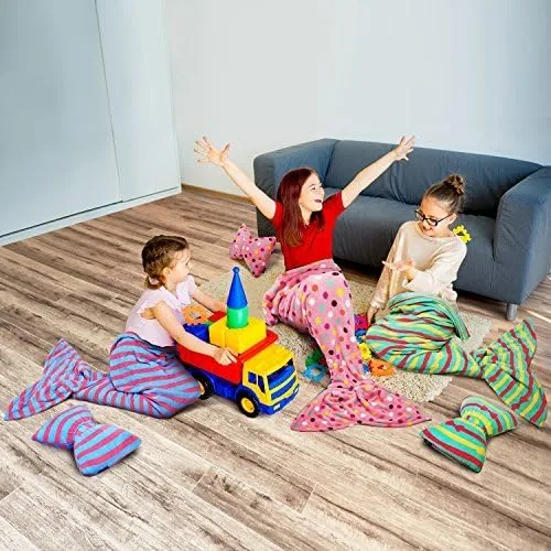 Miniatura 3 de Tirrinia Manta de cola de sirena – Juego de manta de sirena de forro polar súper suave para niños y niñas de 3 a 12 años, almohada con lazo