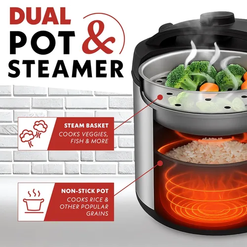 Miniatura 10 de Arrocera Gourmia – Capacidad de 3 Qt, 12 tazas cocidas, 6 tazas sin cocinar, controles digitales, cocedor de granos y vaporera, cesta de vapor
