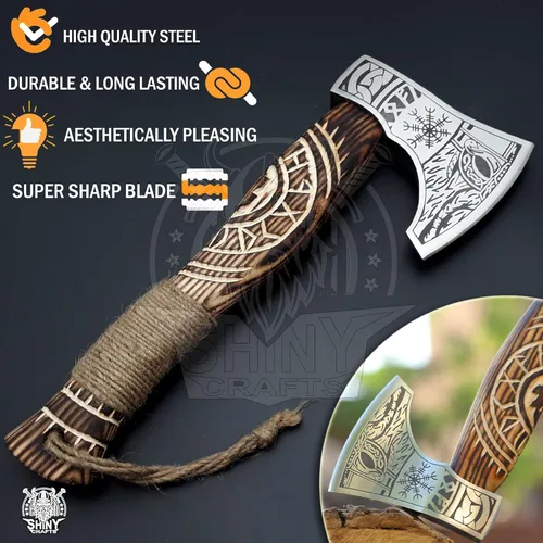 Miniatura 3 de SHINY CRAFTS® Hacha vikinga hecha a mano, hoja nórdica grabada con mango de madera, hacha nórdica barbuda para hombres, regalo único para él, VBA-14