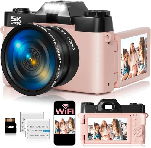 Cámara digital 5K para fotografía, cámara de vlogging WiFi UHD de 75 megapíxeles para YouTube, cámara compacta con pantalla abatible de 3" 180°, Rosa