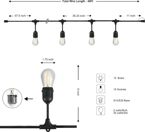 Miniatura 6 de JONATHAN Y JYL8702A - Tira de luces LED industriales rústicas de 48 pies, color negro, 15 luces, para interiores y exteriores, resistentes a