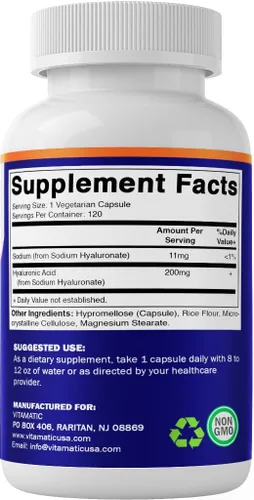 Miniatura 8 de Vitamatic Paquete de 2 suplementos de ácido hialurónico de 200 mg – Apoya el tejido conectivo saludable y las articulaciones – Promueve una piel
