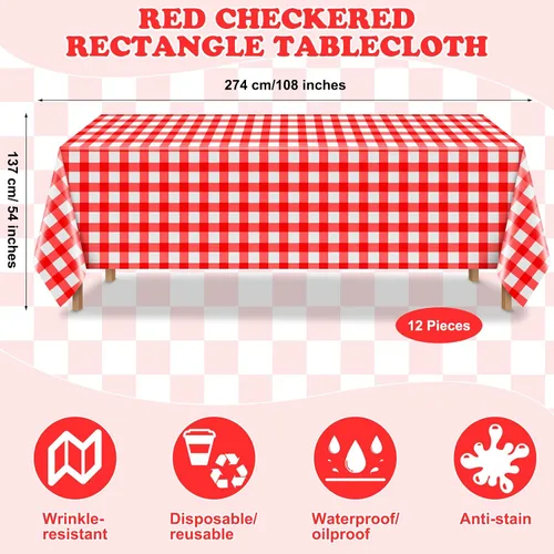 Miniatura 2 de Mantel rectangular desechable de plástico a cuadros, 12 piezas, 54 x 108 pulgadas, 8 pies, impermeable, para picnic, barbacoa, vacaciones, fiesta