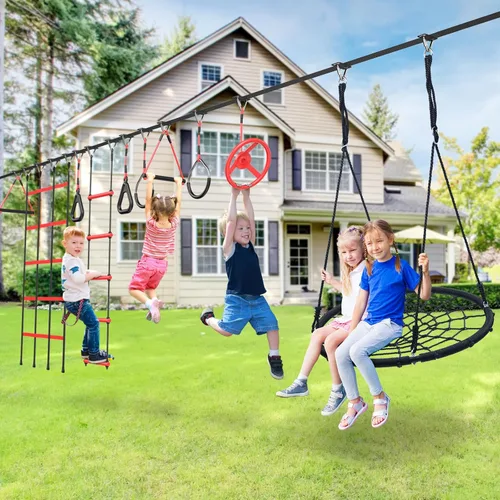 Miniatura 6 de Hapfan - Curso de obstáculos de guerrero ninja de 15,2 metros (50 pies) para niños con columpio de árbol, juego de columpio de cuerda portátil