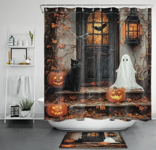 Miniatura 24 de HVEST Cortina de ducha con ganchos, calabaza espeluznante y fantasma con sombrero de bruja negro, juego de cortina de ducha naranja con flores