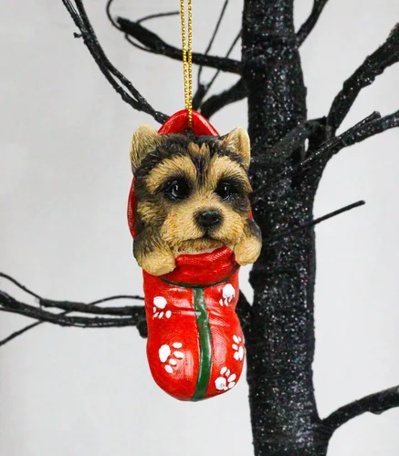 Miniatura 6 de Ebros Gift Figura decorativa colgante de Yorkie Yorkshire Terrier con ojos de cristal, adorable animal para mascotas, decoración festiva
