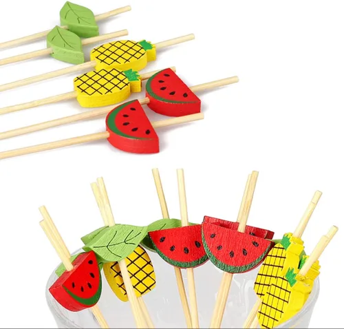 Miniatura 3 de Minisland Palillos de cóctel de hojas de piña de sandía mixtos, palillos de bambú de 4.7 pulgadas de largo para aperitivos, comida hawaiana