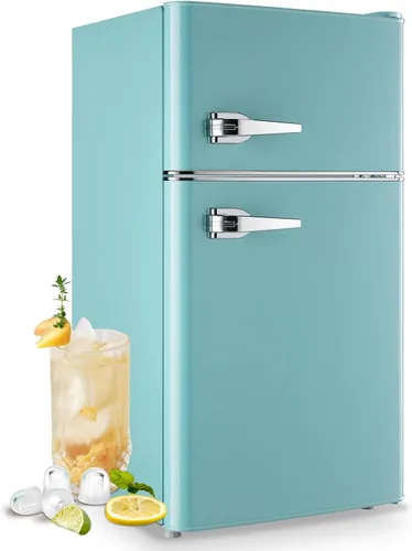 WANAI Mini Refrigerador Compacto Pequeño con Congelador, Mini Refrigerador Retro con Doble Puerta, 7 Termostato Ajustable, Estantes Ajustables Para