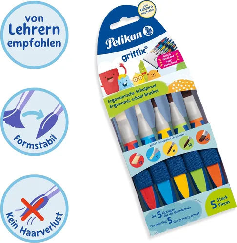 Miniatura 4 de Pelikan Griffix - Juego de pinceles de pintura para niños, 5 piezas ergonómicas con asas triangulares y cerdas sintéticas, suministros de arte
