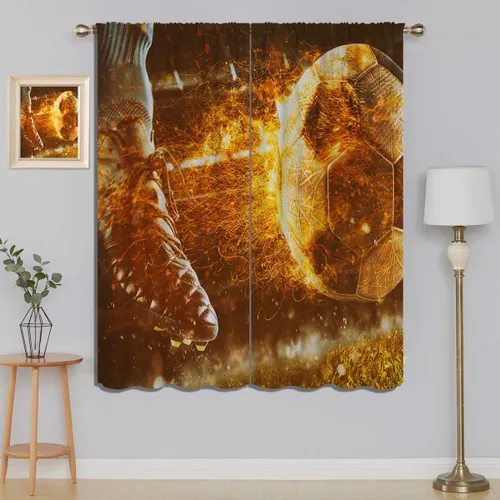 Miniatura 22 de Cortinas opacas de fútbol para niños y niñas, decoración de oscurecimiento de habitación, defensor en deslizamiento, intentos de detener una bola