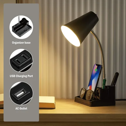 Miniatura 6 de HonoDing Lámpara de escritorio E26 con 1 puerto de carga USB y 1 toma de corriente AC, base organizadora, cuello ajustable, interruptor