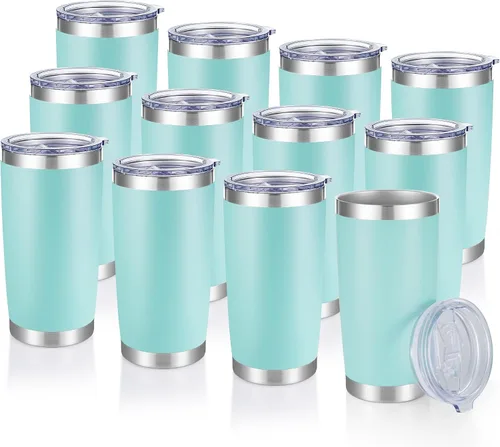 Miniatura 15 de Vaso de acero inoxidable de 20 onzas con tapa, doble pared aislada al vacío, taza de café de 20 onzas con recubrimiento en polvo para bebidas Verde