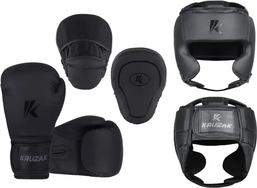Kruzak - Guantes de boxeo unisex negro mate, guantes de enfoque y equipo de cabeza para kickboxing y entrenamiento de Muay Thai MMA | Kit de fitness