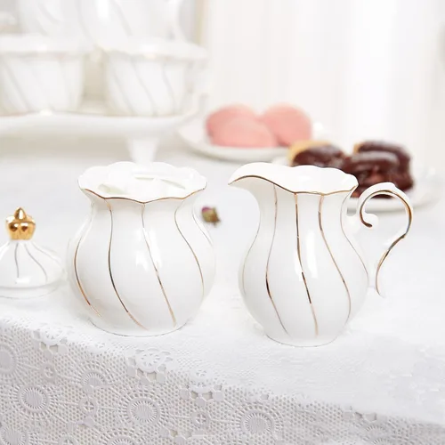 DUJUST Juego de crema blanca y azúcar, diseño británico de lujo en bordes dorados, 1 azucarero con tapa (12 onzas), 1 crema (8 onzas), juego de