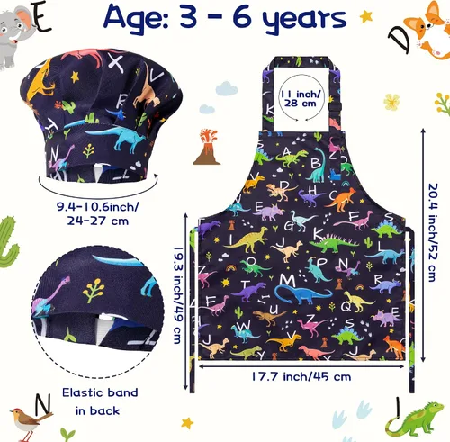 Miniatura 2 de Juego de 4 delantales y sombrero de chef para niños, regalo para niñas y niños, con palabras del alfabeto de animales, delantales ajustables