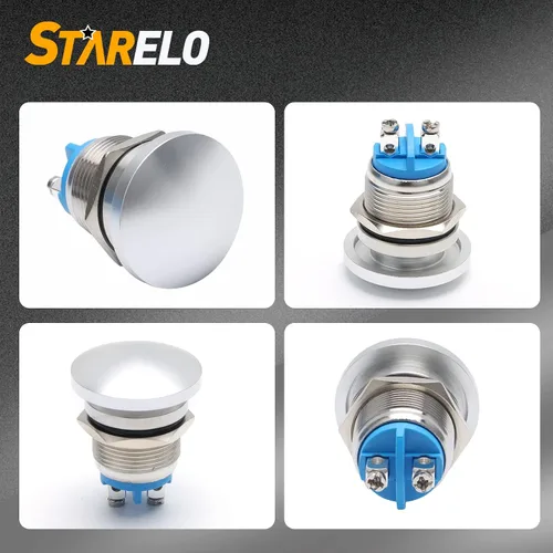 Miniatura 3 de STARELO Interruptor de botón momentáneo de 0.79 pulgadas, cabeza de hongo de metal de acero inoxidable IP65, resistente al agua, 2 pines, SPST, 1NO