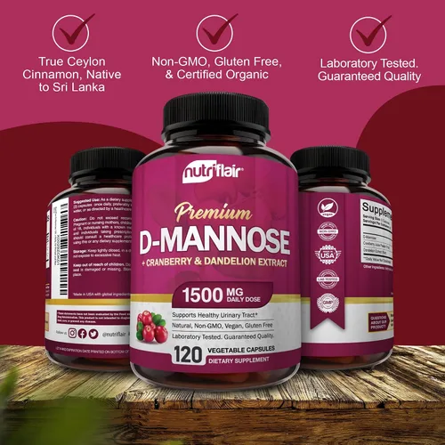 Miniatura 6 de NutriFlair D-Manosa 120 Cápsulas, 1500mg - con Extracto de Arándano y Diente de León - Apoyo Natural para la Salud del Tracto Urinario UTI - El