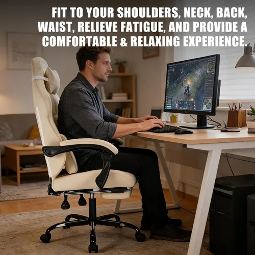 Miniatura 9 de Silla de juegos con reposapiés y soporte lumbar de masaje, silla ergonómica para videojuegos, sillas de videojuegos de oficina con altura y respaldo