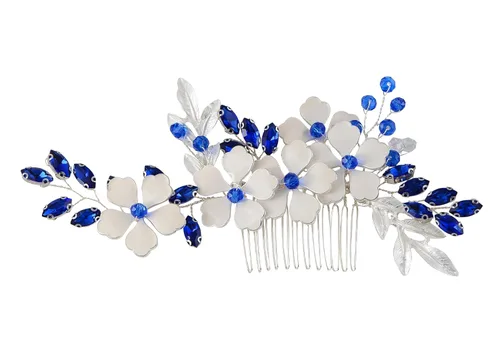 Alilang Peine para el cabello de la boda de la novia, peine lateral plateado, cristal azul, pieza de pelo nupcial, accesorios para el cabello nupcial