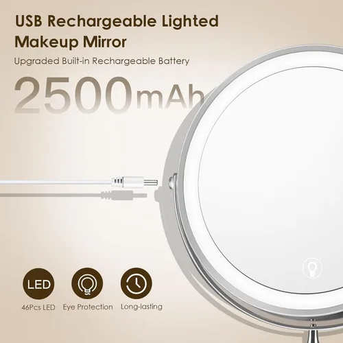 Miniatura 9 de MNIENT Espejo de maquillaje iluminado montado en la pared, espejo de aumento recargable de doble cara de 8 pulgadas, 1x/10x, espejo de tocador LED