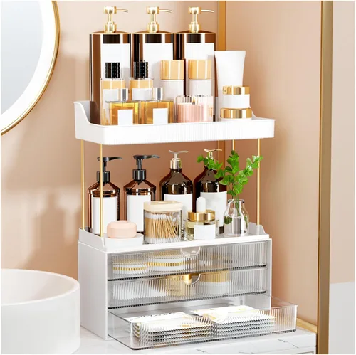 Miniatura 11 de StorBin Organizador de maquillaje de 3 cajones grandes, organizador de encimera de baño de 5 niveles y almacenamiento, organizador versátil de Ámbar