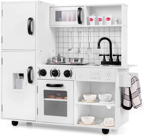 INFANS Juego de cocina para niños, juego de cocina de madera con luz y sonido realistas, estufa, fregadero, microondas, armario de almacenamiento,