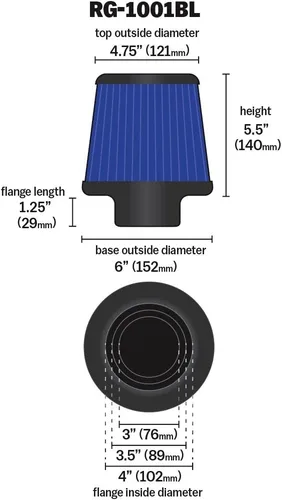Miniatura 10 de K&N RG-1001BL pinzas de filtro de aire universal: ronda; 3 cónicos 3 pulgadas/3.5 pulgadas/4 in (102 mm/89 mm/76 mm) id de brida; 5.5 pulgadas