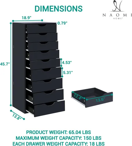 Miniatura 2 de Naomi Home Bianca - Cómoda alta y estrecha de 9 cajones, gabinete de almacenamiento compacto de 13.8 pulgadas de ancho negro con cajones