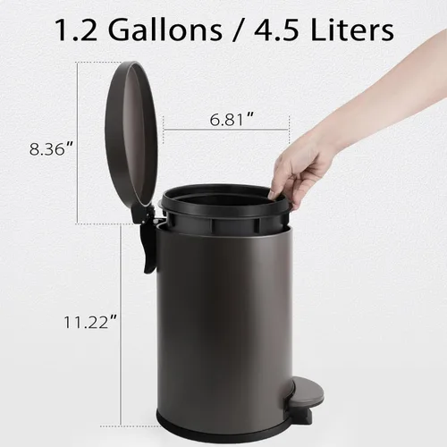Miniatura 5 de TIPGO Cubo de basura pequeño con tapa de cierre suave, cubo de basura de baño de 4.5 litros/1.2 galones, cubo de basura de acero inoxidable