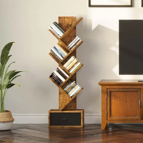 Miniatura 5 de Rolanstar Estantería con cajón, estantería de árbol de 4 estantes, estanterías de madera rack de almacenamiento para CDs/películas/libros
