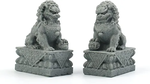 Foo Dogs Estatuas Par de León Guardián Fu Foo Perros Estatuas de Piedra Chino Feng Shui Decoración de inauguración de la casa Felicitaciones para