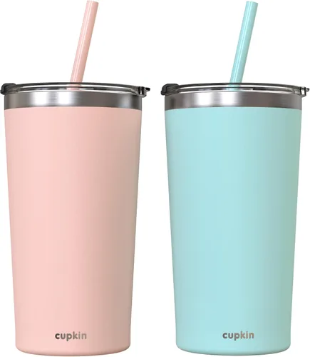 Miniatura 18 de CUPKIN - Taza apilable de acero inoxidable para niños, taza de batido, tazas aisladas con recubrimiento en polvo, tapa libre de BPA y pajilla de Rosa