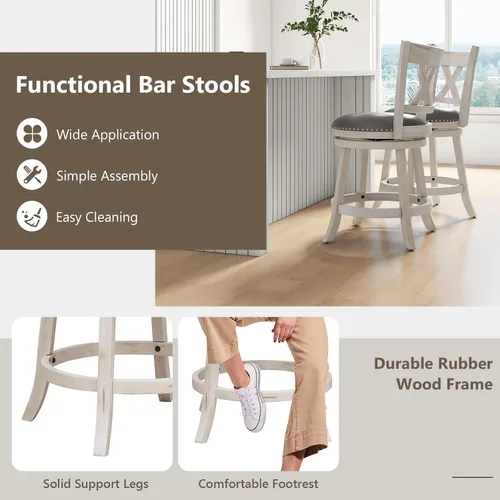 Miniatura 7 de COSTWAY Juego de 2 taburetes de bar para isla de cocina, taburetes giratorios de altura de mostrador sin brazos de 25.5 pulgadas con asiento