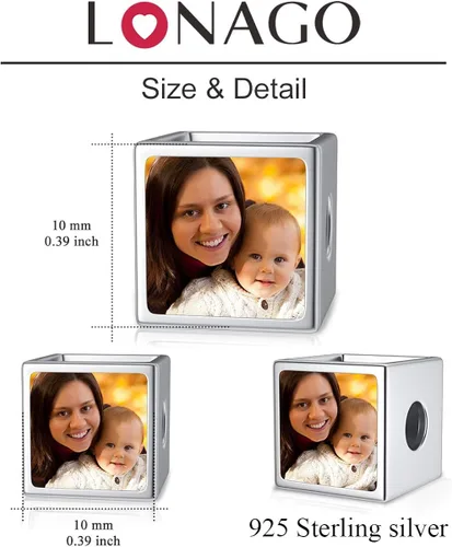 Miniatura 6 de LONAGO Abalorio personalizado de cuatro lados y tres caras con foto de dos caras de plata de ley 925, cuenta personalizada con capacidad para 234