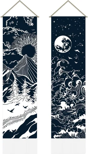 Miniatura 17 de AHANDMAKER 2 tapices de flores y hojas, tapiz de sol y luna, psicodélico largo vertical para colgar en la pared, tapices de estética botánica, tapiz