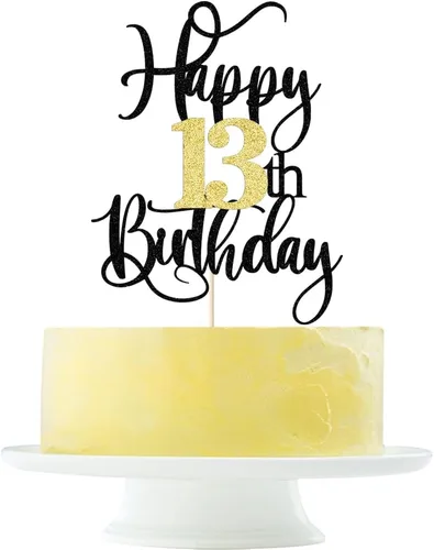 Decoración para pastel de cumpleaños número 13 con destellos negros y dorados para tartas de 13 años, decoración para pastel de 13 años, decoración