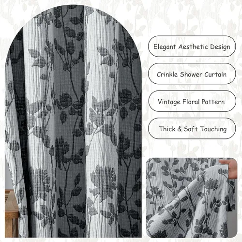 Miniatura 7 de OVZME Cortina de ducha floral negra de 72 pulgadas de largo, cortina de baño de textura arrugada y gruesa de calidad hotelera, decoración de baño