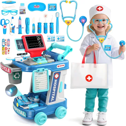 Kit de médico para niños pequeños de 3 a 5 años, divertido juego de doctor para niñas de 2, 3, 4, 5 años, juguetes de vestir con carrito, disfraz y