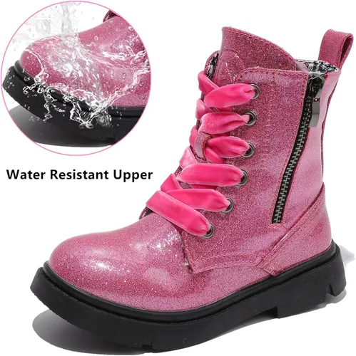 Miniatura 2 de DADAWEN Botas de tobillo con purpurina para niños y niñas, zapatos de combate impermeables con cremallera lateral para niños pequeños, niños grandes