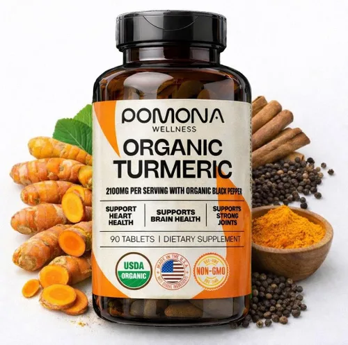 Pomona Wellness Suplemento orgánico de cúrcuma de 2100 mg, USDA orgánico, sin OMG, vegano, curcumina de cúrcuma con pimienta negra para absorción,