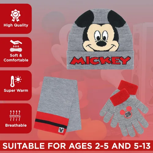 Miniatura 3 de Mickey Mouse - Gorro de invierno para niños bufanda y guantes de nieve juego de 3 piezas suave y cálido para exteriores para niños y niños pequeños