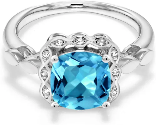 Miniatura 85 de Gem Stone King Anillo de compromiso de plata de ley 925 de 0.315 in con piedra natal y zafiro blanco creado Anillo de compromiso de boda