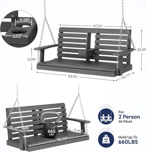 Miniatura 48 de KINGYES Columpio colgante para porche al aire libre, silla de columpio de patio de 2 asientos con portavasos, banco impermeable para patio y jardín