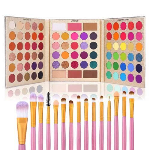 UCANBE Paleta de sombra de ojos profesional de 86 colores con 15 brochas de maquillaje, purpurina mate de larga duración, altamente pigmentada,
