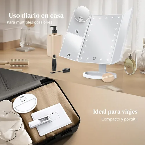 Miniatura 4 de HUONUL - Espejo para maquillaje con luces LED, aumento de x1, x2 y x3, iluminado, control táctil, espejo triple plegable, fuente de alimentación