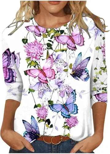 Oggfader 34 Sleeve Shirts Women 2023 Trendy Crewneck Floral Slim Fit Tops Summer Casual Going Out Relaxed Clothes